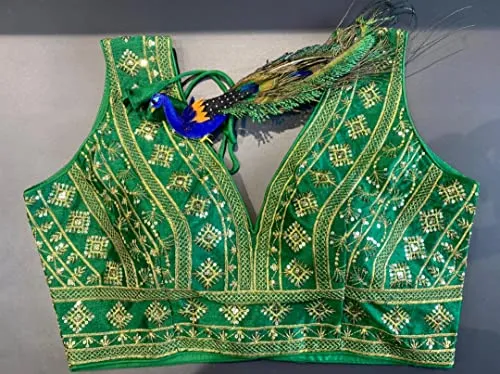 Pujia Mills Women's Silk Embroidery Sequins Zari Work Sleeveless Readymade Saree Blouse (Radha Krishna 11_Green_38)