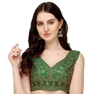 Pujia Mills Women's Silk Embroidery Sequins Zari Work Sleeveless Readymade Saree Blouse (Radha Krishna 11_Green_38)