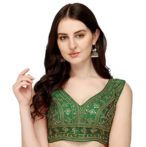 Pujia Mills Women's Silk Embroidery Sequins Zari Work Sleeveless Readymade Saree Blouse (Radha Krishna 11_Green_38)