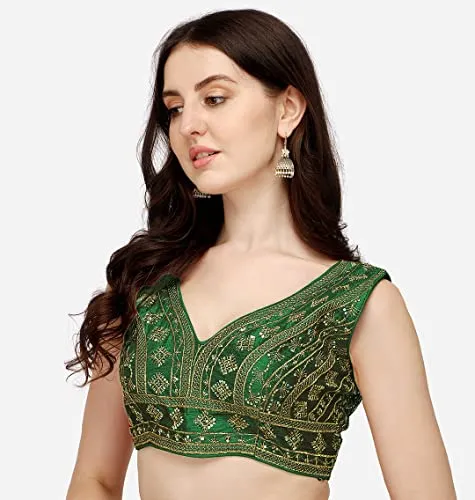 Pujia Mills Women's Silk Embroidery Sequins Zari Work Sleeveless Readymade Saree Blouse (Radha Krishna 11_Green_38)