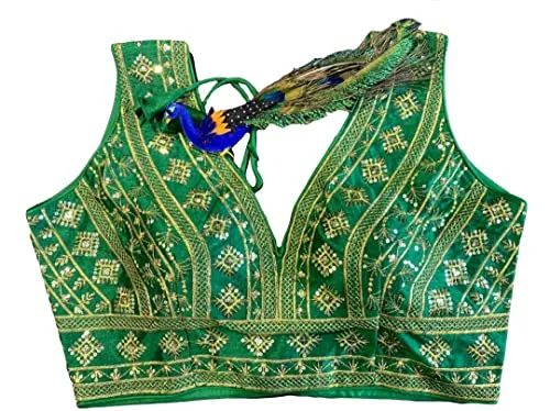 Pujia Mills Women's Silk Embroidery Sequins Zari Work Sleeveless Readymade Saree Blouse (Radha Krishna 11_Green_38)