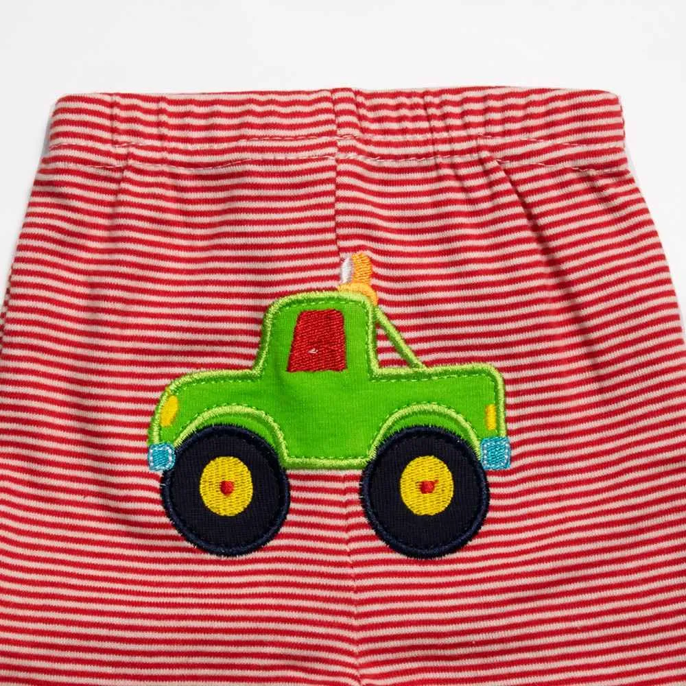 Red & White Striped Lounge Pants With Car Applique Work