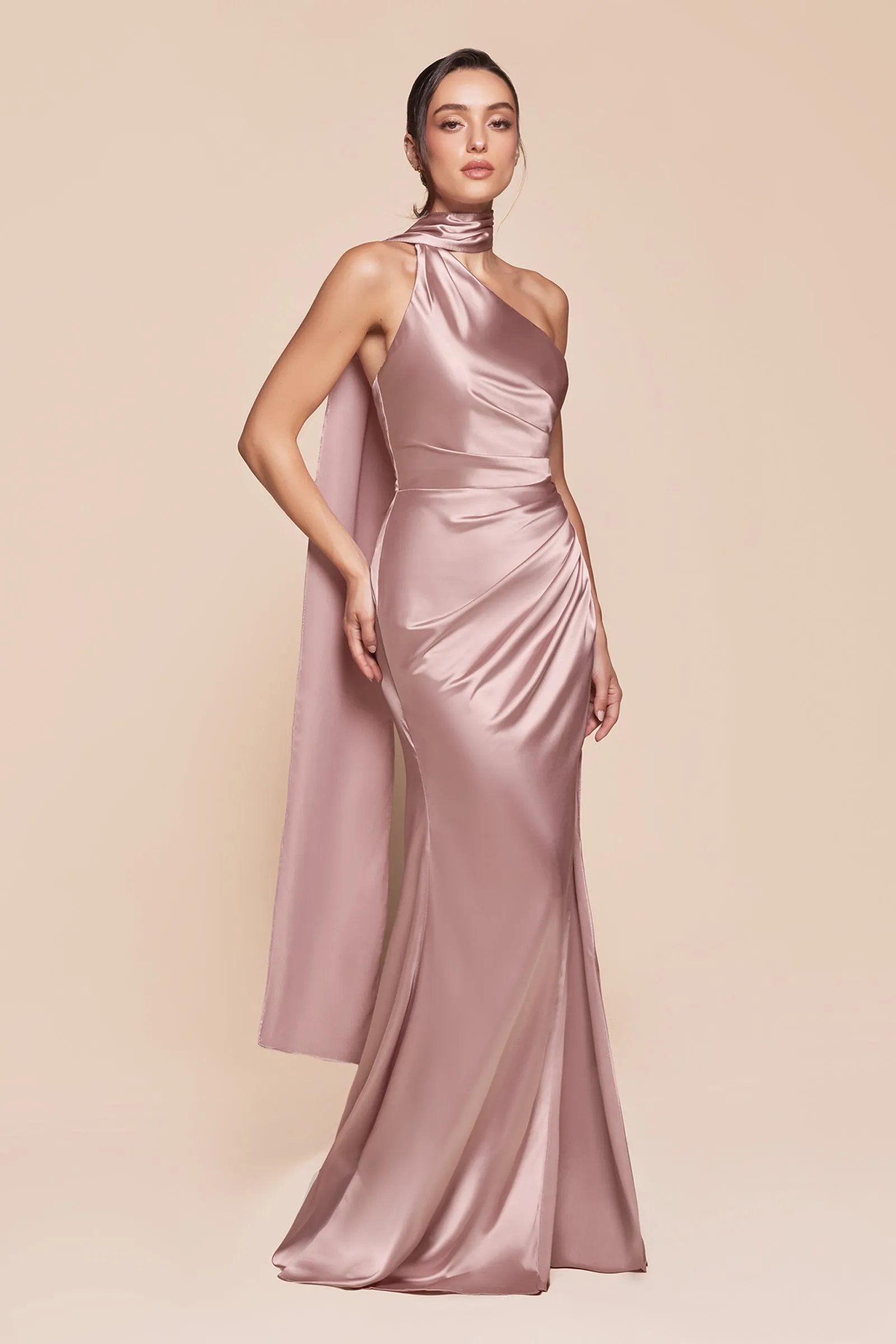 Satin Fitted One Shoulder Slit Gown by Ladivine 7454