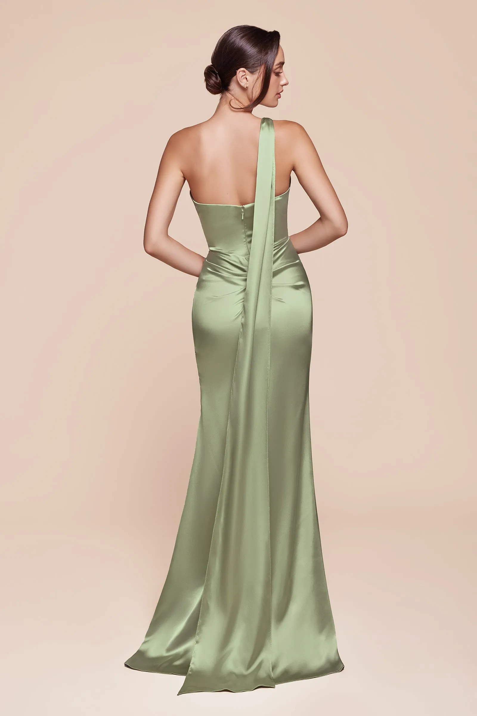 Satin Fitted One Shoulder Slit Gown by Ladivine 7454