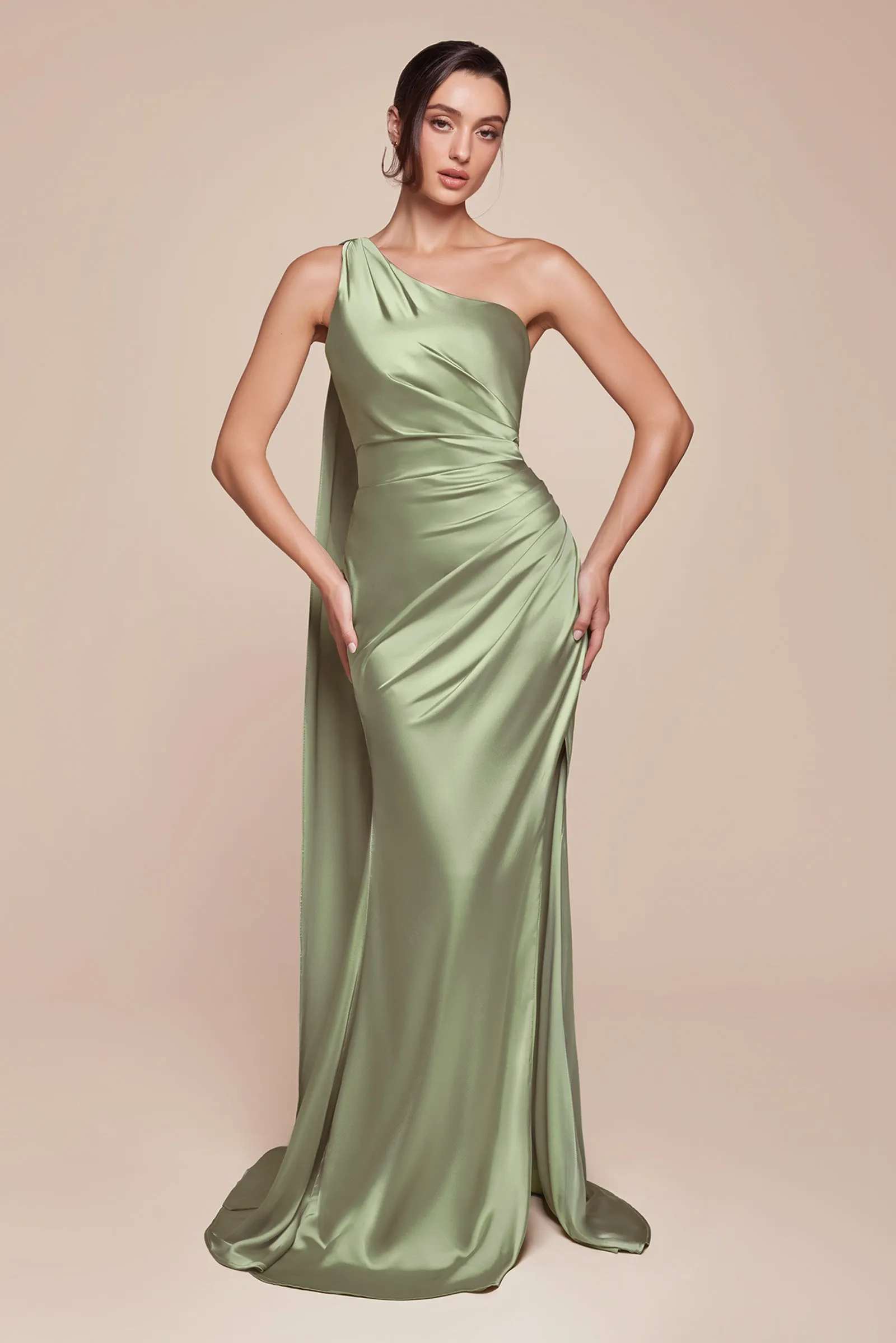 Satin Fitted One Shoulder Slit Gown by Ladivine 7454