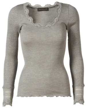 Silk Top Long Sleeve Vintage Lace Light Grey