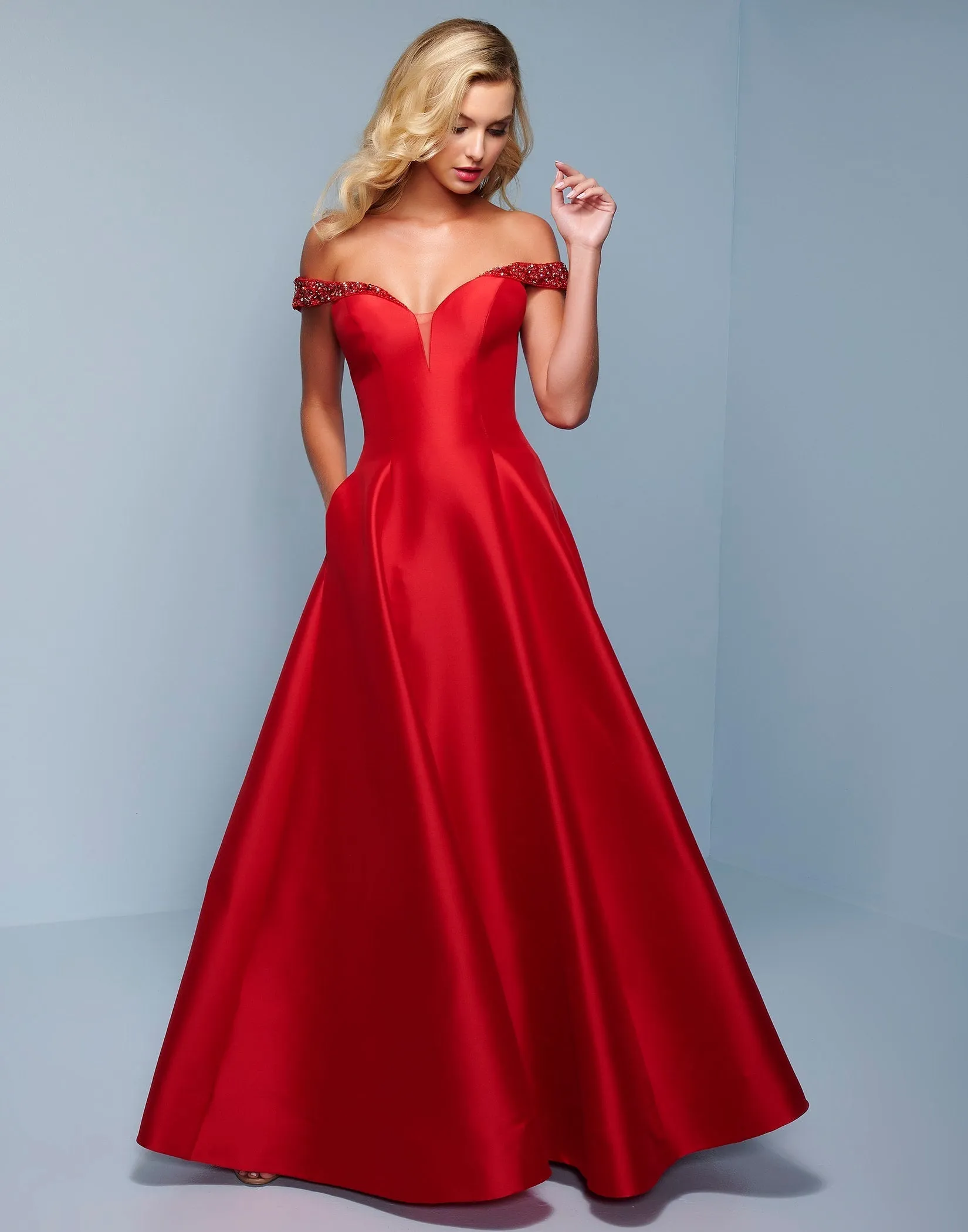 Splash Prom K524 Size 6 off the shoulder satin A line prom dress pageant gown pageant dress