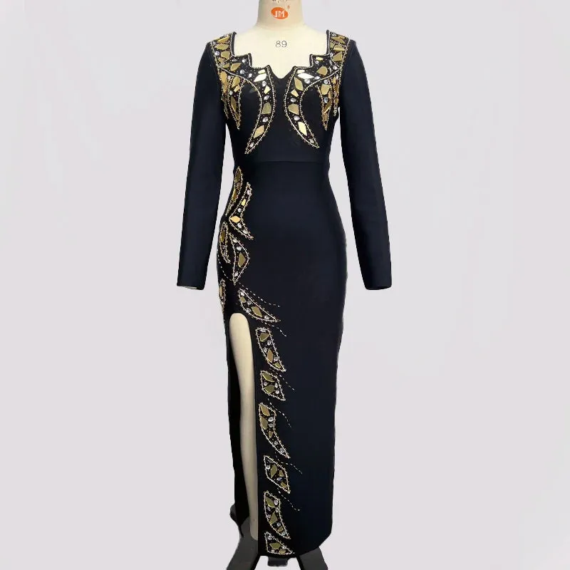 Trend4us Women's Chic Beaded Slit Evening Dress
