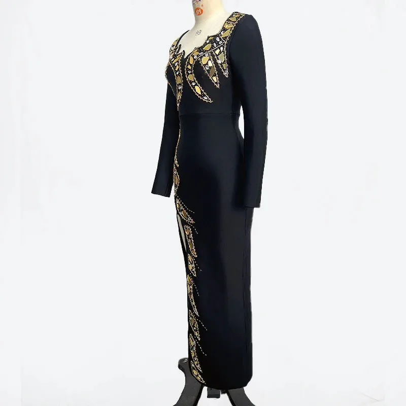 Trend4us Women's Chic Beaded Slit Evening Dress