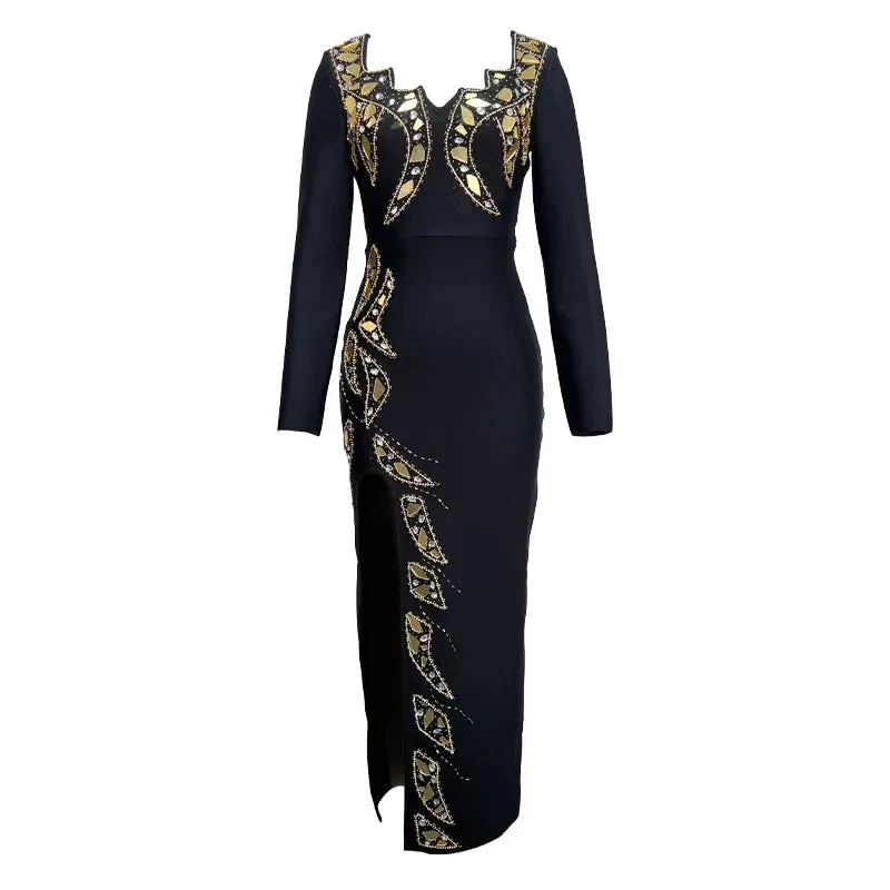 Trend4us Women's Chic Beaded Slit Evening Dress