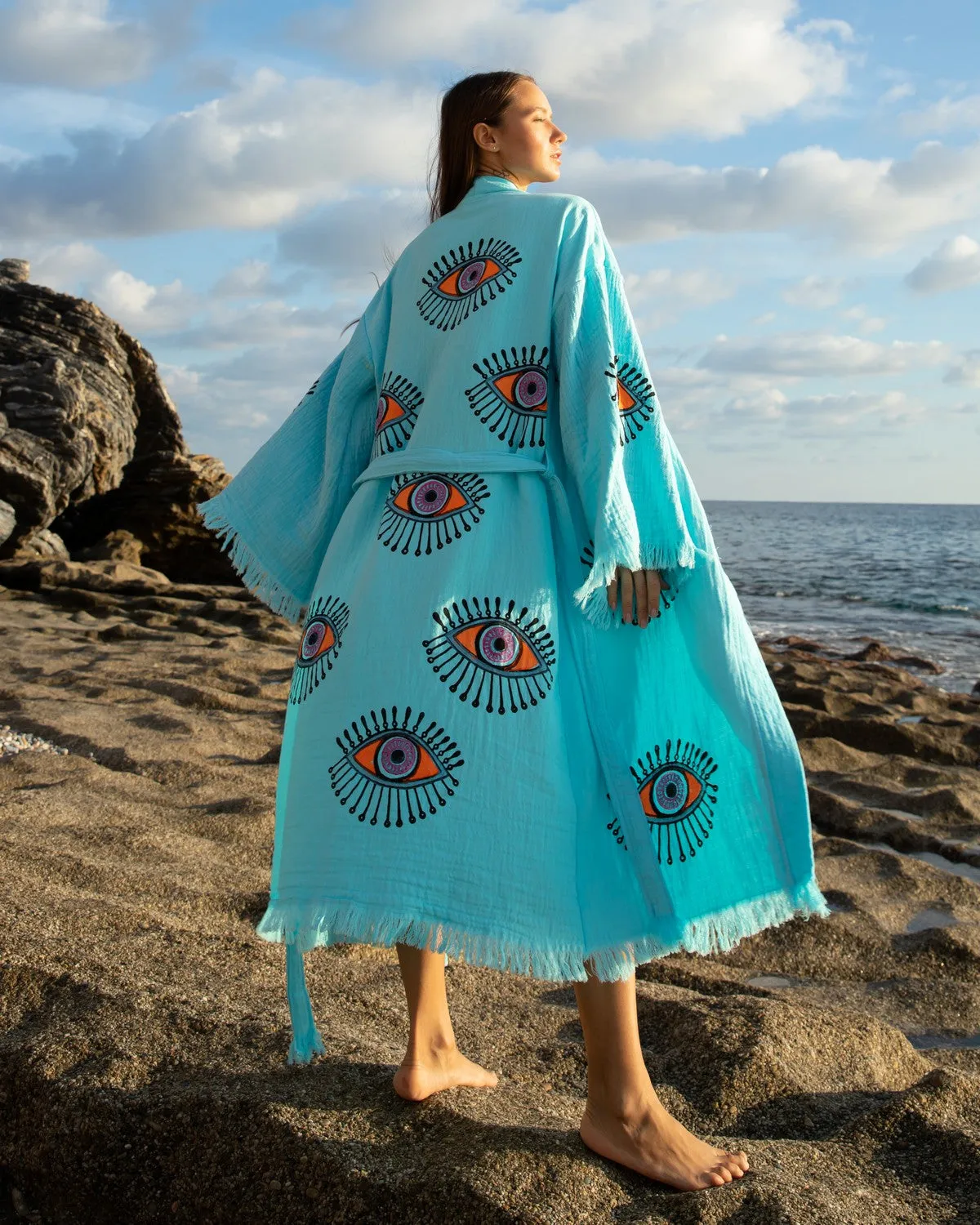 Turquoise - Orange Evil Eye Kimono Robe
