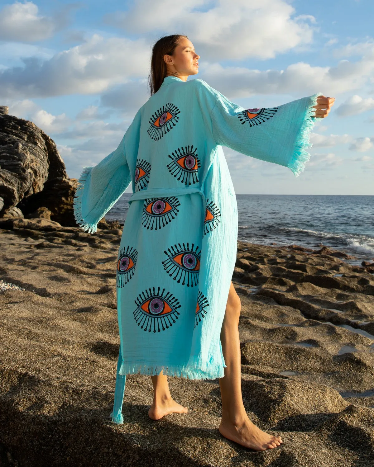 Turquoise - Orange Evil Eye Kimono Robe