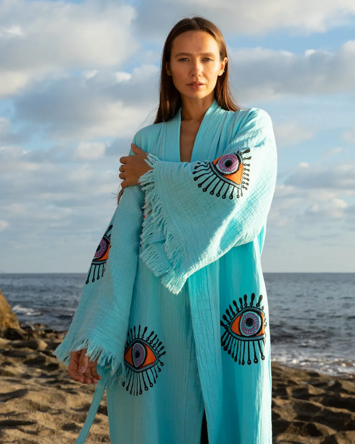 Turquoise - Orange Evil Eye Kimono Robe