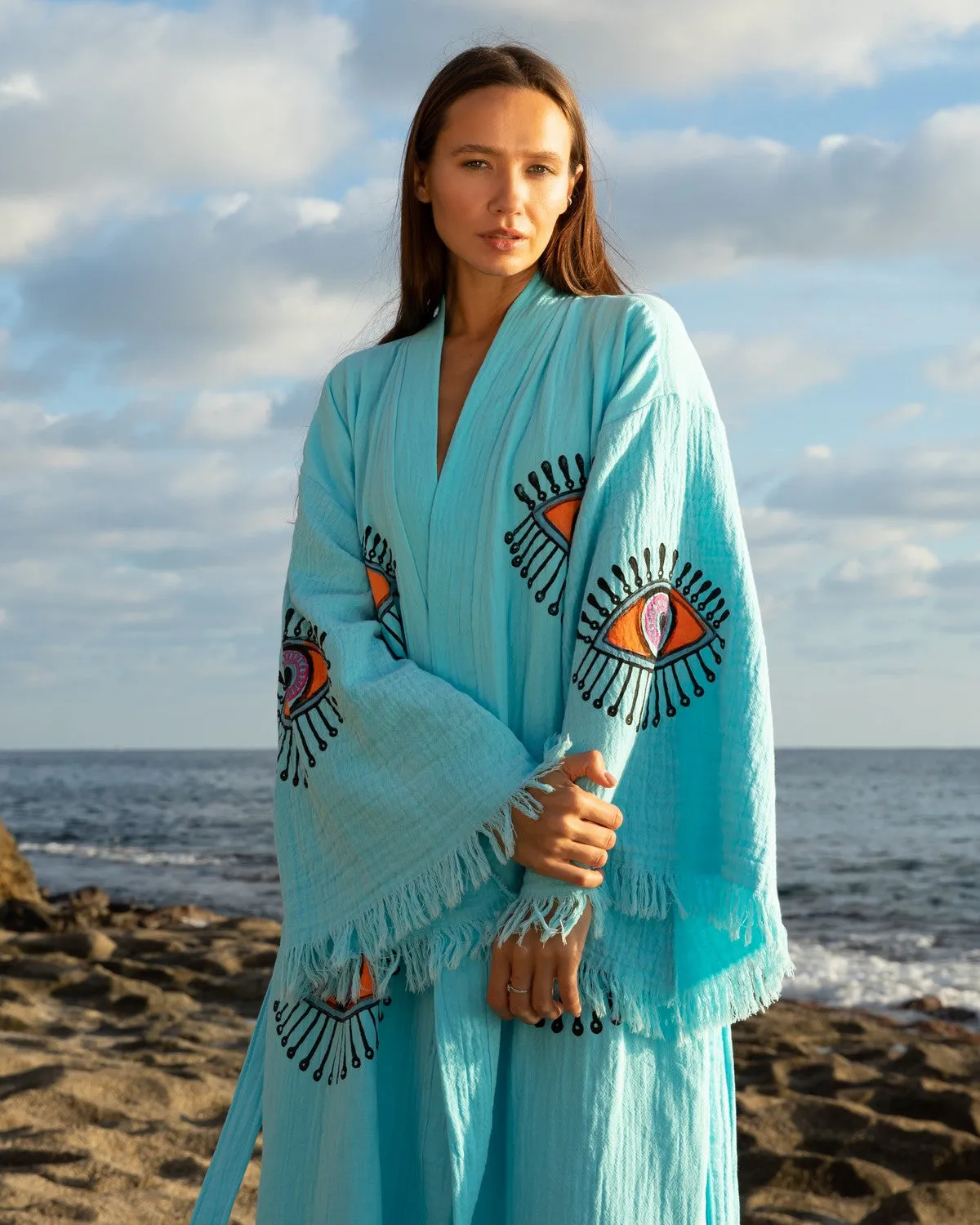 Turquoise - Orange Evil Eye Kimono Robe