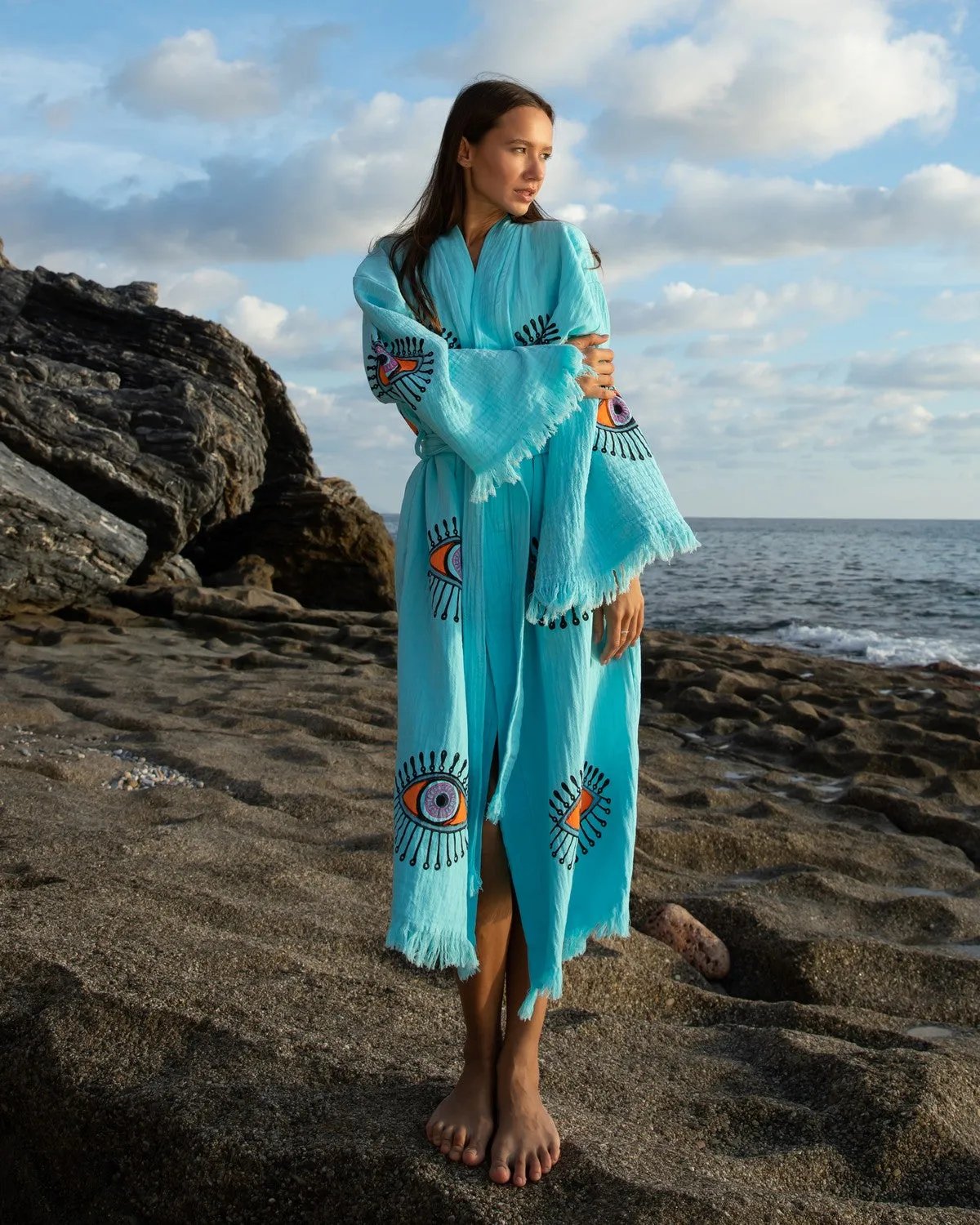 Turquoise - Orange Evil Eye Kimono Robe