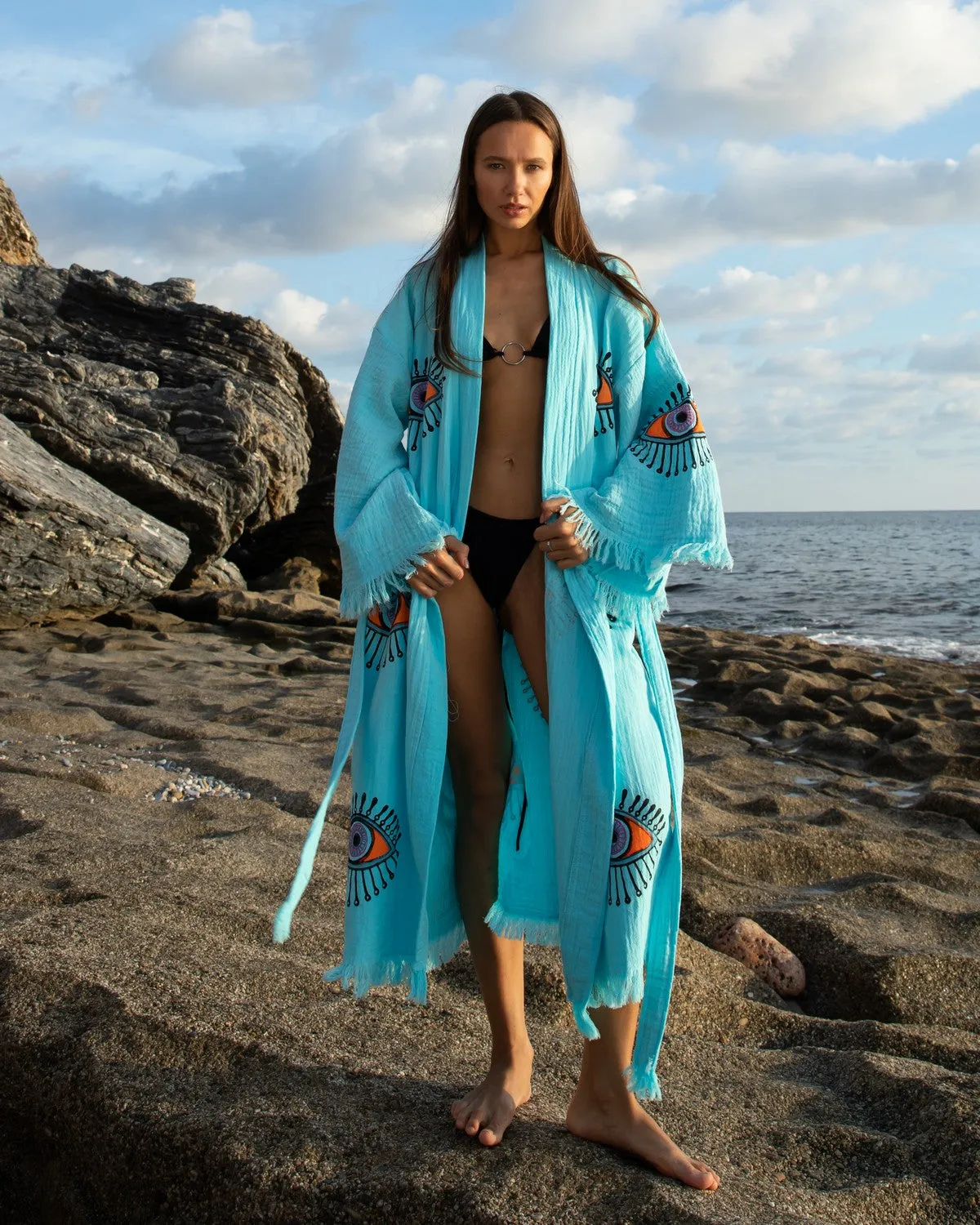 Turquoise - Orange Evil Eye Kimono Robe
