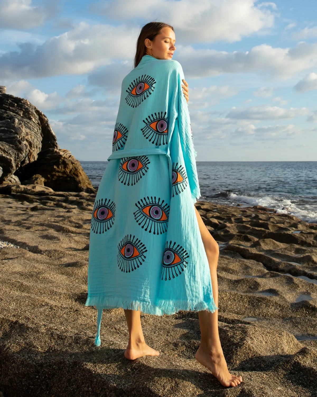 Turquoise - Orange Evil Eye Kimono Robe