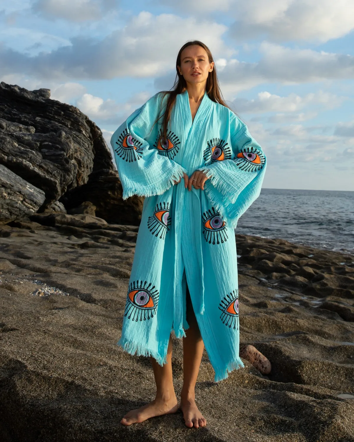 Turquoise - Orange Evil Eye Kimono Robe