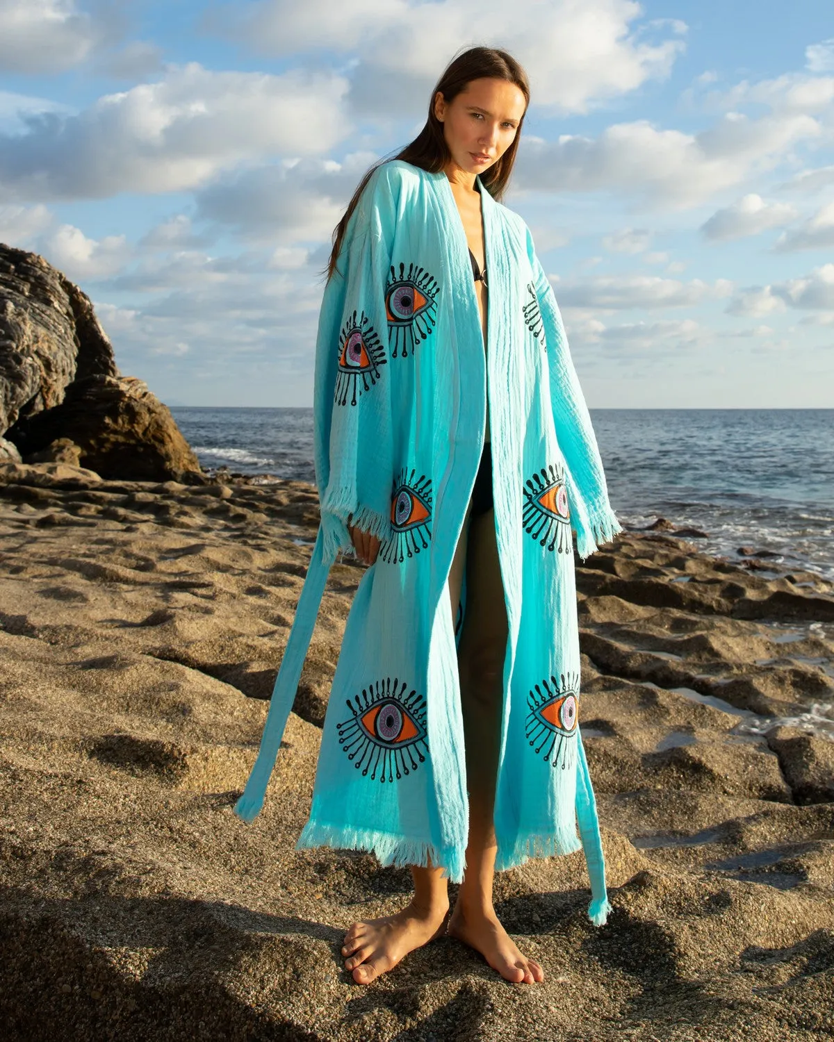 Turquoise - Orange Evil Eye Kimono Robe