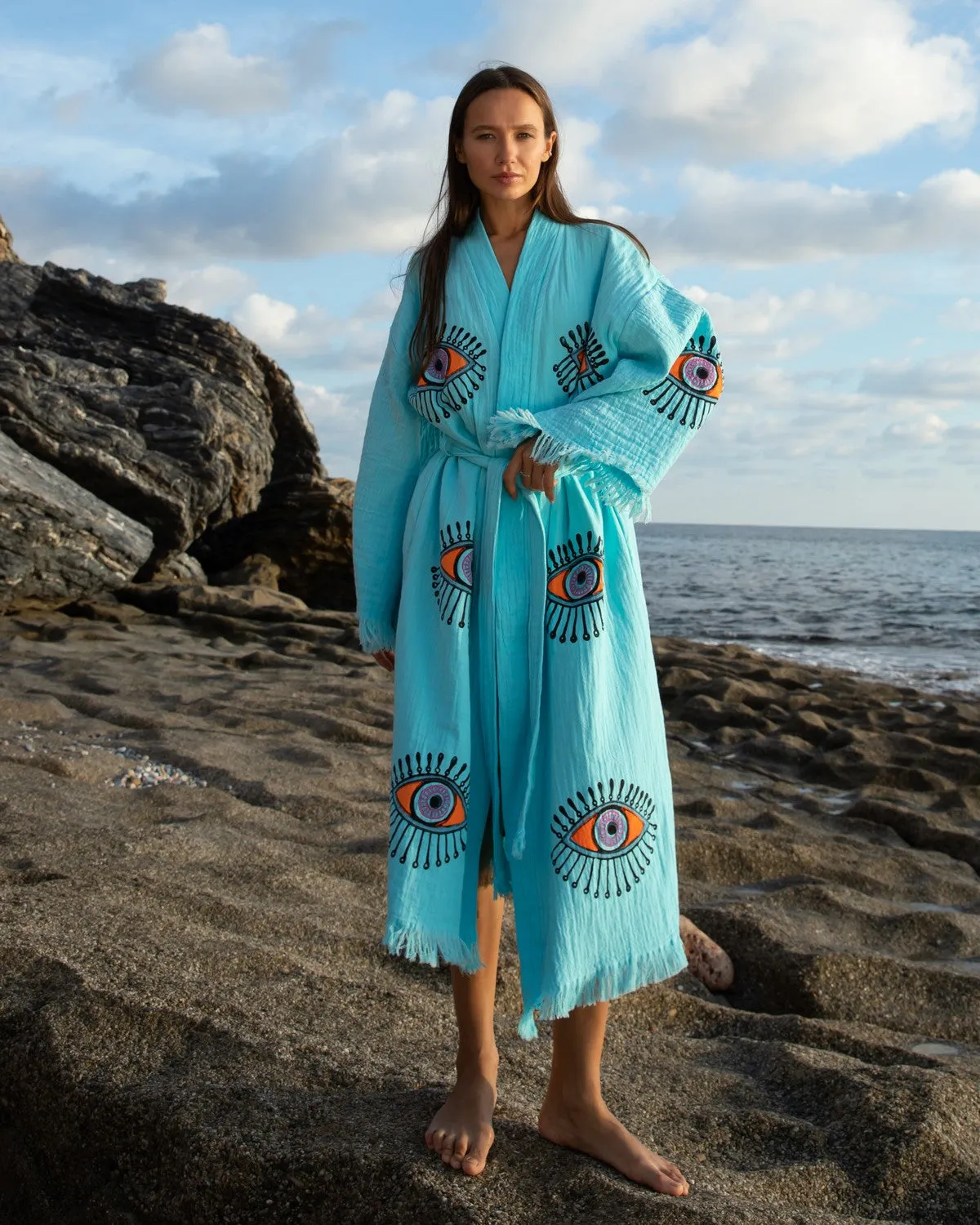 Turquoise - Orange Evil Eye Kimono Robe
