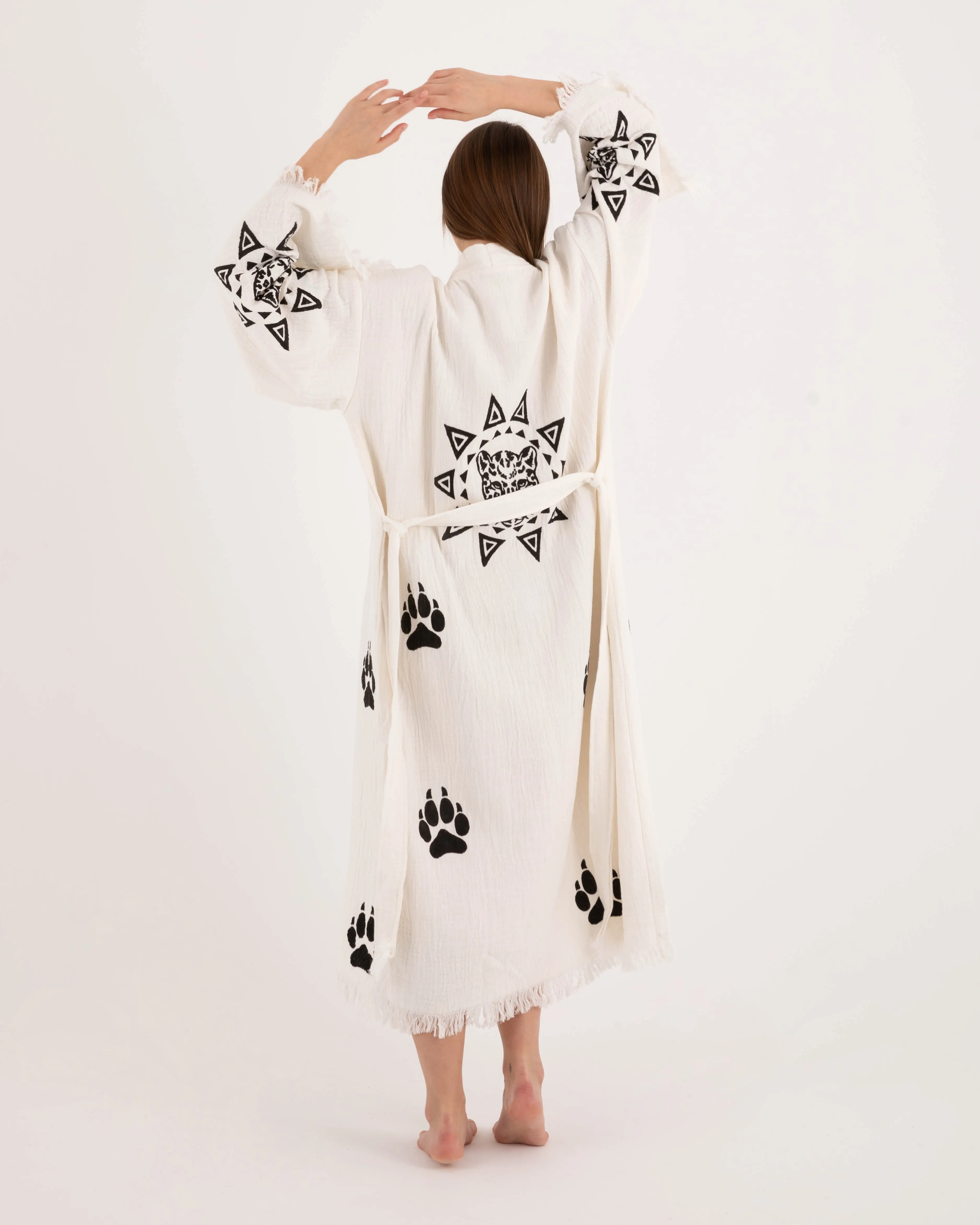 White Kimono With Paw Leopard Pattern