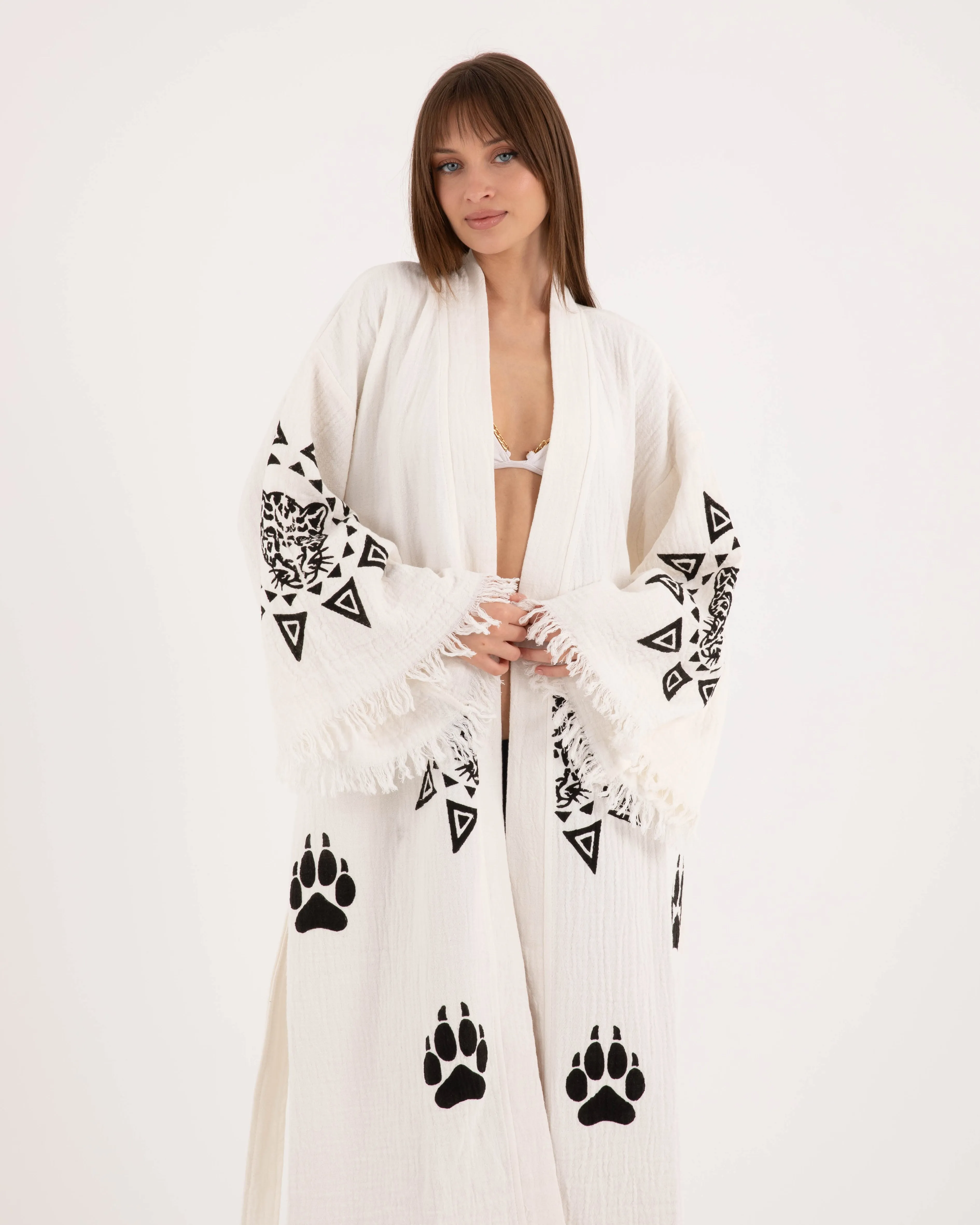 White Kimono With Paw Leopard Pattern