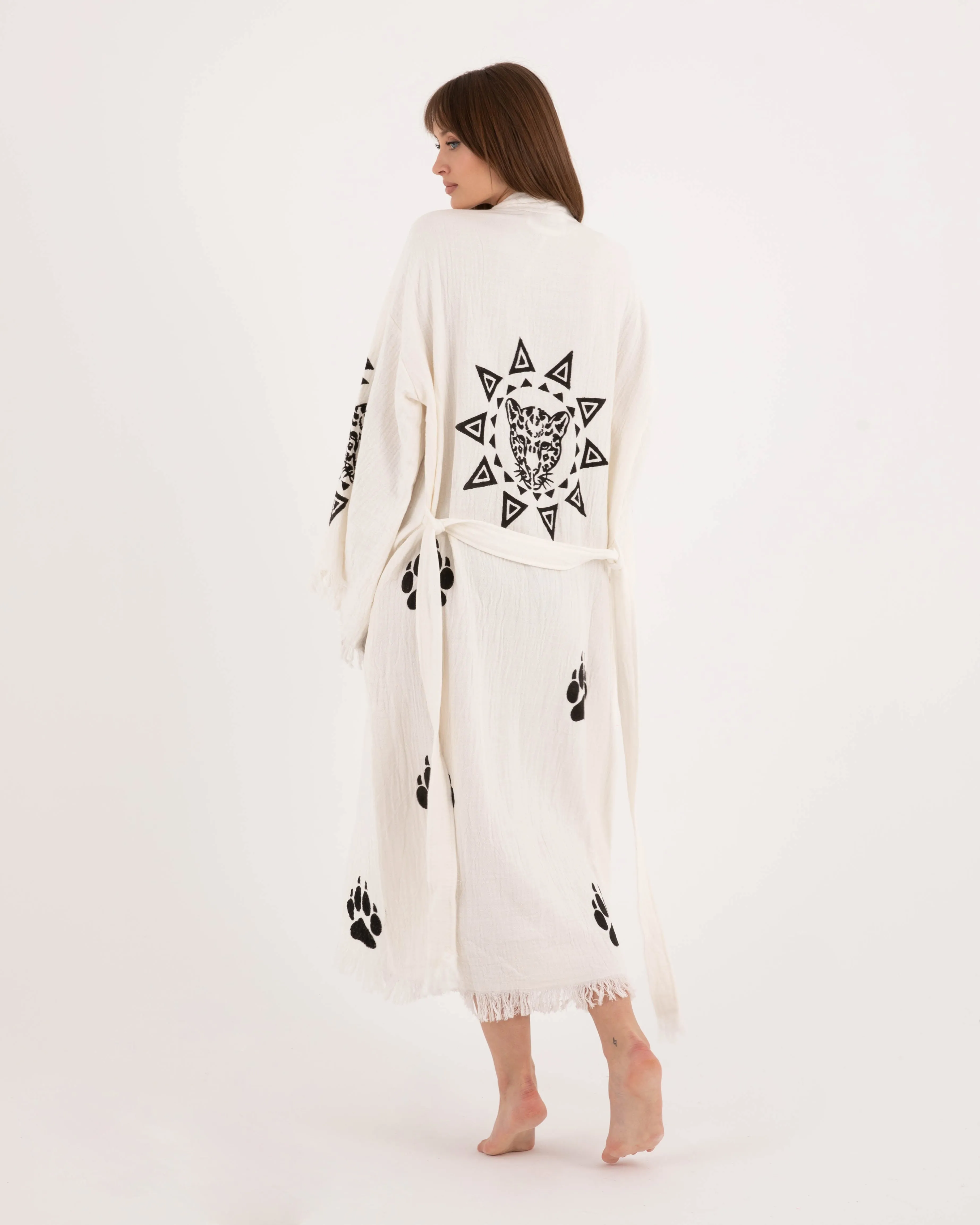 White Kimono With Paw Leopard Pattern