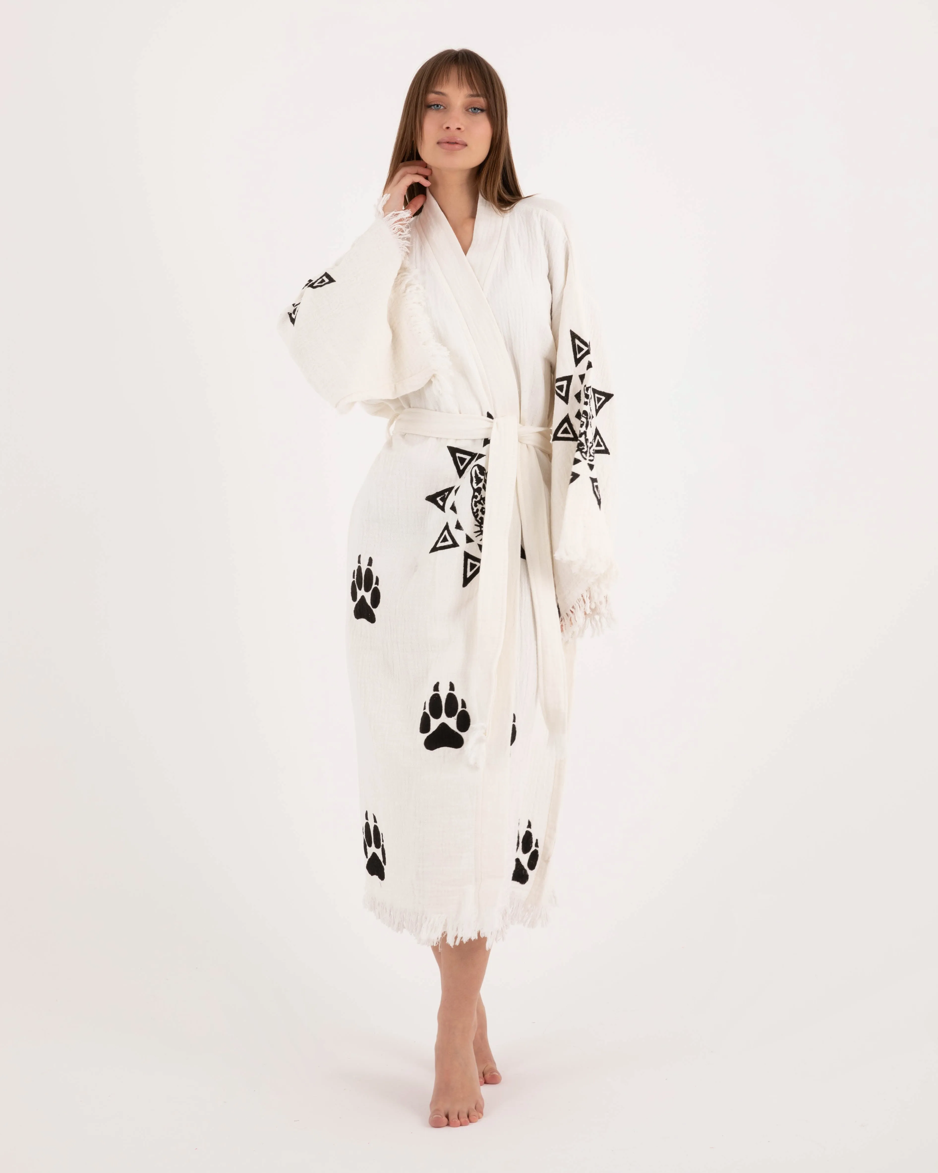 White Kimono With Paw Leopard Pattern