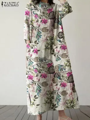 ZANZEA Bohemian Holiday Midi Vestido Vintage Autumn Floral Sundress Women Long Sleeve Printed Party Dress With Pant S4635773